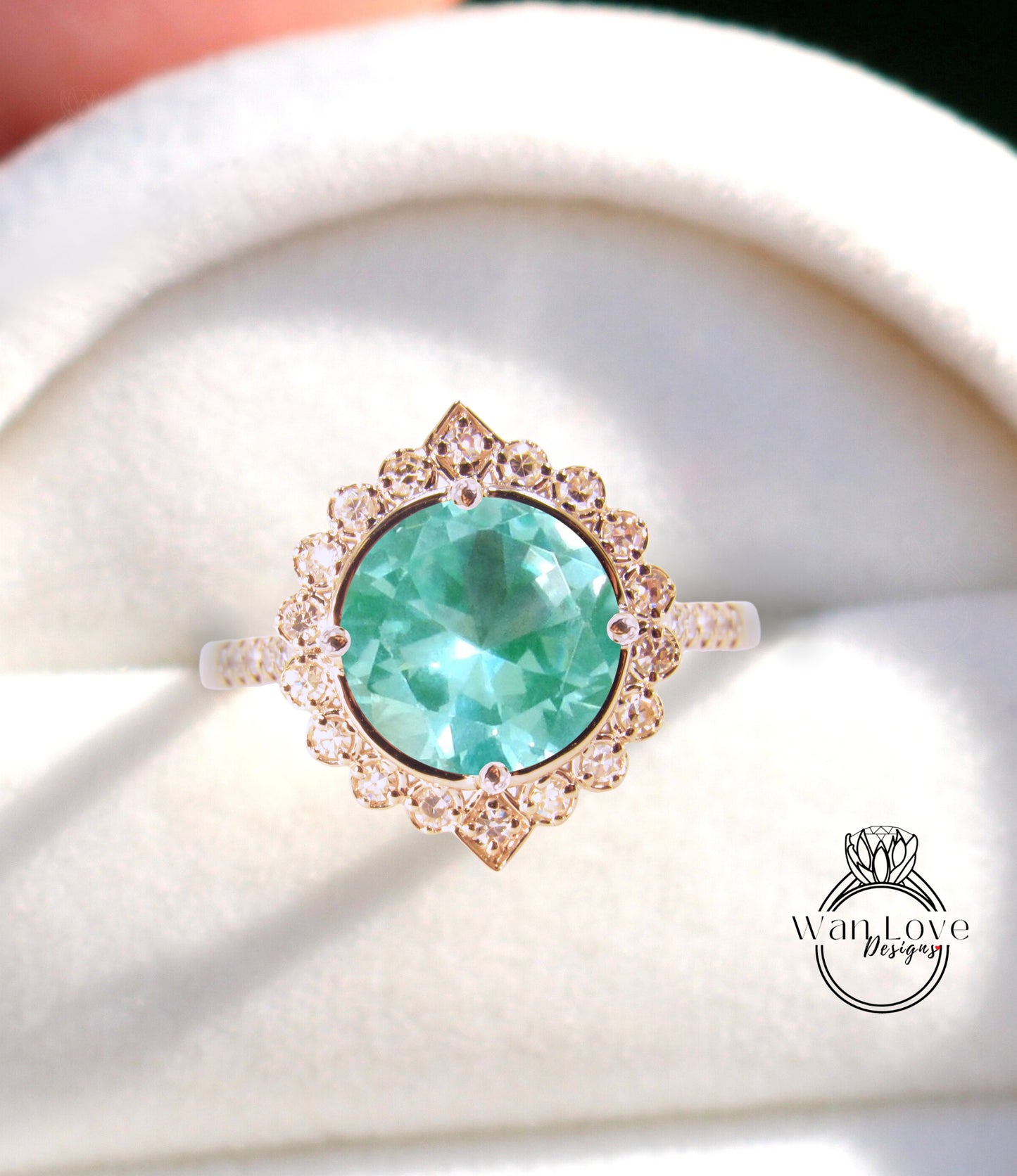 Anello di fidanzamento con spinello verde acqua e diamanti geometrici Halo, rotondo, personalizzato, 14k 18k bianco giallo oro rosa-platino-matrimonio, regalo di anniversario