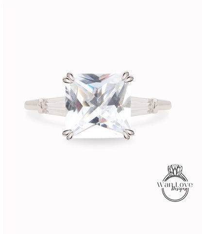 Anello di fidanzamento con zaffiro bianco principessa radiante baguette affusolato Anello con moissanite 14kt 18kt oro platino regalo di anniversario di matrimonio personalizzato