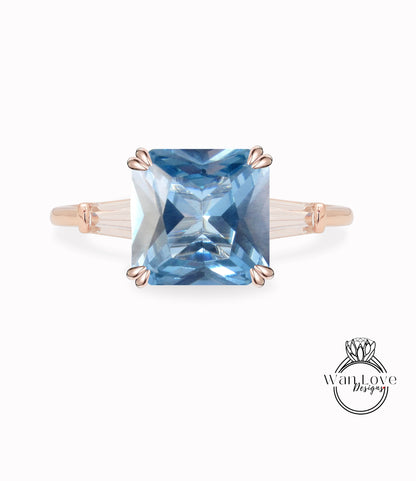 Aquamarine Spinel Princess Radiant Moissanite Tapered Baguette Engagement Ring 14kt 18kt Gold Platinum Custom Wedding Anniversary Gift