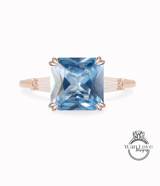Aquamarine Spinel Princess Radiant Moissanite Tapered Baguette Engagement Ring 14kt 18kt Gold Platinum Custom Wedding Anniversary Gift