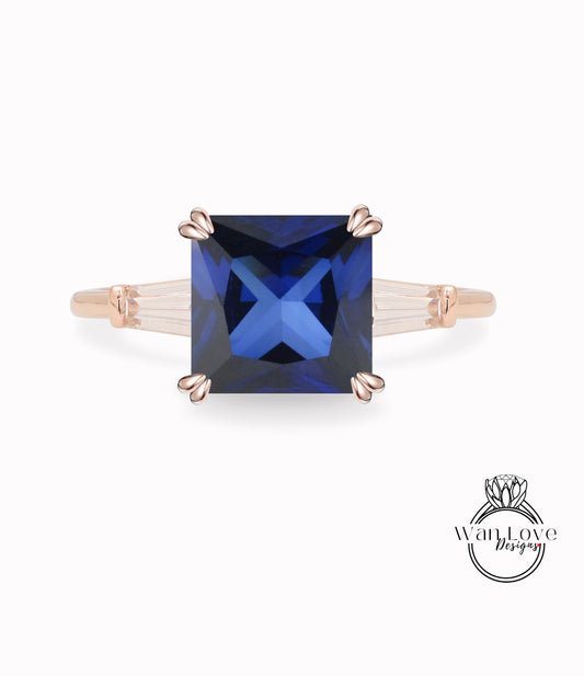 Anello di fidanzamento con zaffiro blu principessa radiante baguette affusolato Anello con moissanite 14kt 18kt oro platino regalo di anniversario di matrimonio personalizzato