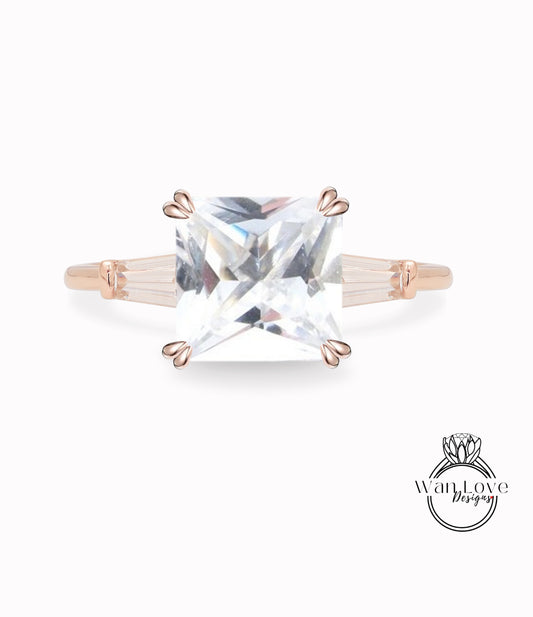 White Sapphire Princess Radiant Tapered Baguette Engagement Ring Moissanite Ring 14kt 18kt Gold Platinum Custom Wedding Anniversary Gift