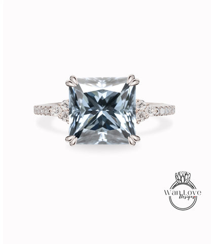 Grey Moissanite Asscher & Diamond Trio Pave Engagement Ring 14k 18k White Yellow Rose Gold-Platinum-Custom-Wedding-Anniversary