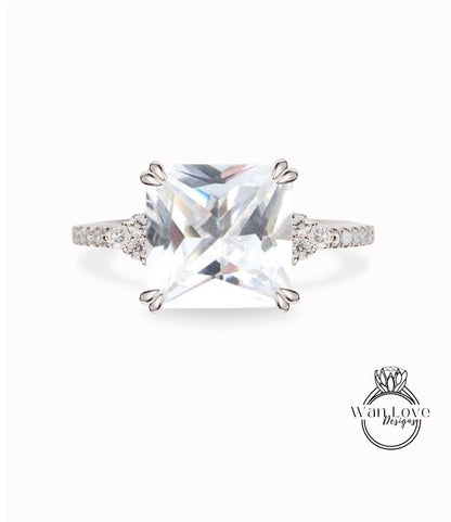 Anello di fidanzamento Asscher con zaffiro bianco e diamante, Trio Gem, personalizzato, oro 14kt 18kt, platino, matrimonio, anniversario, WanLoveDesigns