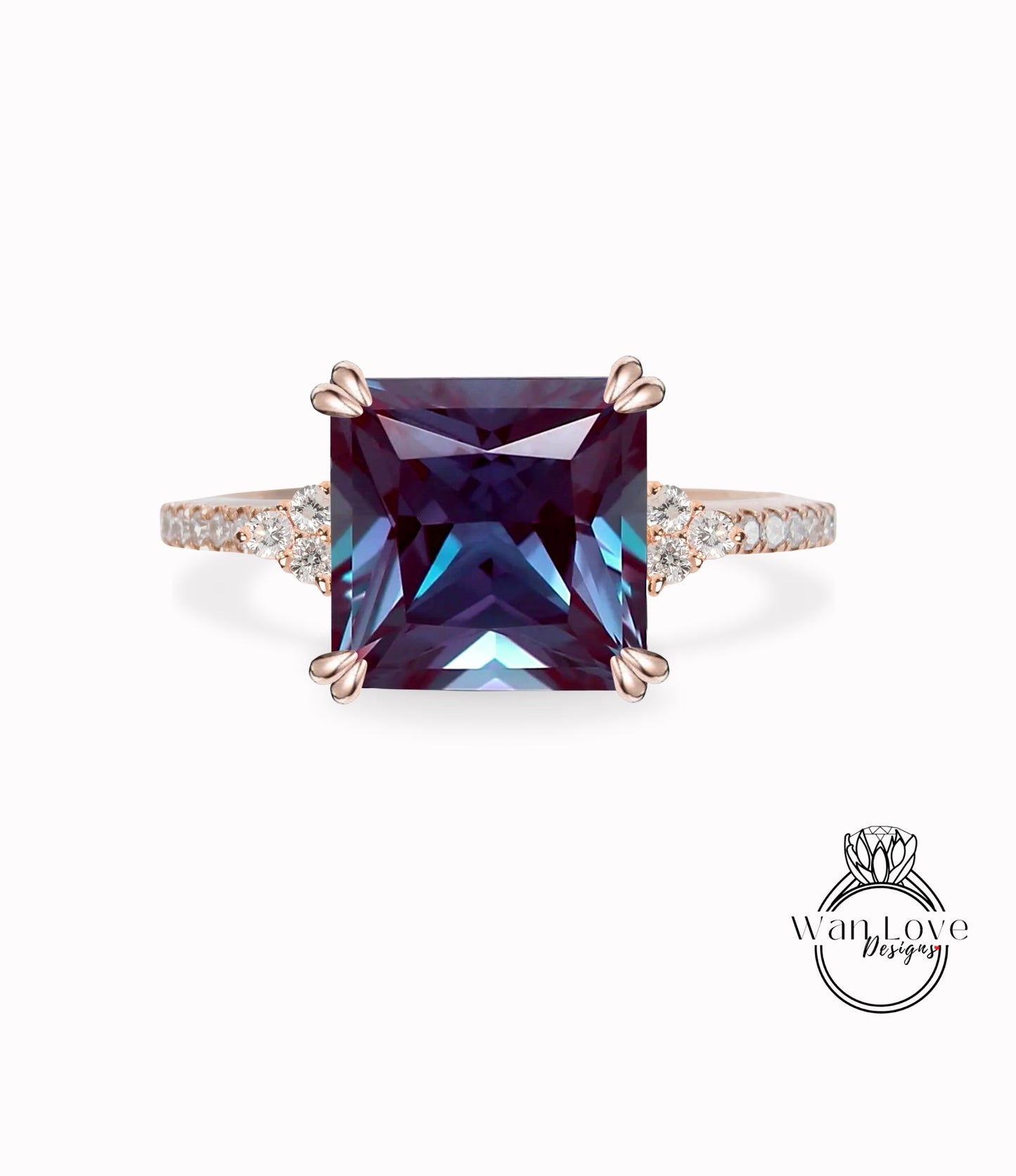 Alexandrite & Diamond Asscher Trio Pave Engagement Ring, 3 gemstone, Custom, 14kt 18kt Gold, Platinum, Wedding, Anniversary, WanLoveDesigns