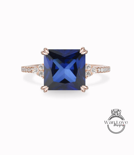 Blue Sapphire Princess & Diamond Trio Pave Engagement Ring, Custom, 14kt 18kt Gold, Platinum, Wedding Bridal ring, Anniversary gift