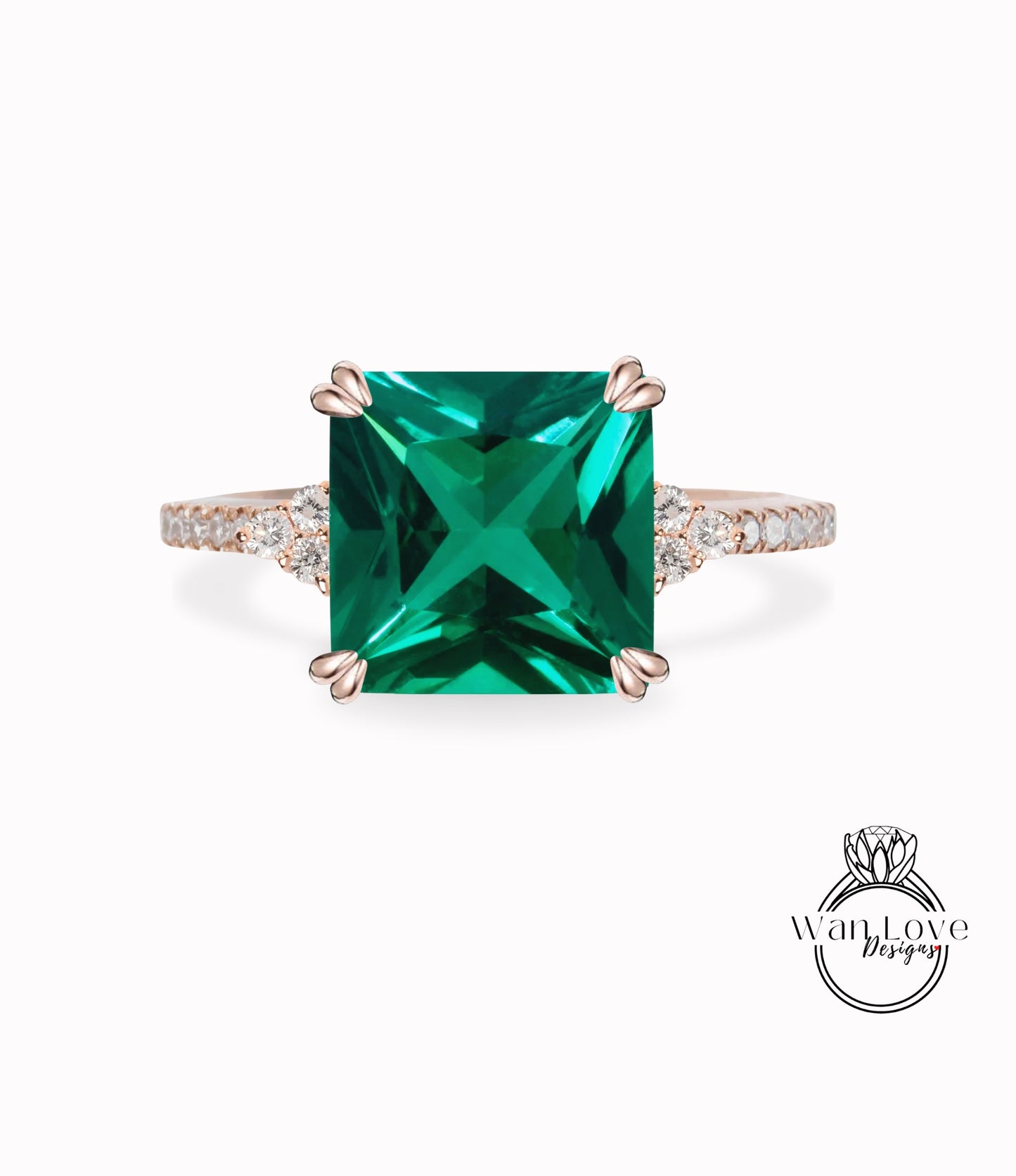 Emerald & Diamond Asscher Trio Pave Engagement Ring, 3 gemstone, Custom, 14kt 18kt Gold, Platinum, Wedding, Anniversary, WanLoveDesigns