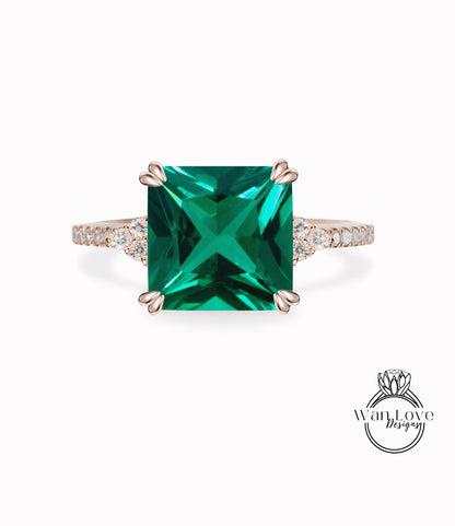 Emerald & Diamond Asscher Trio Pave Engagement Ring, 3 gemstone, Custom, 14kt 18kt Gold, Platinum, Wedding, Anniversary, WanLoveDesigns