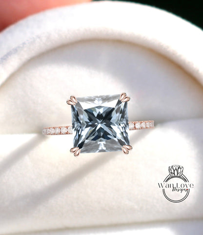 Grey Moissanite Asscher & Diamond Trio Pave Engagement Ring 14k 18k White Yellow Rose Gold-Platinum-Custom-Wedding-Anniversary