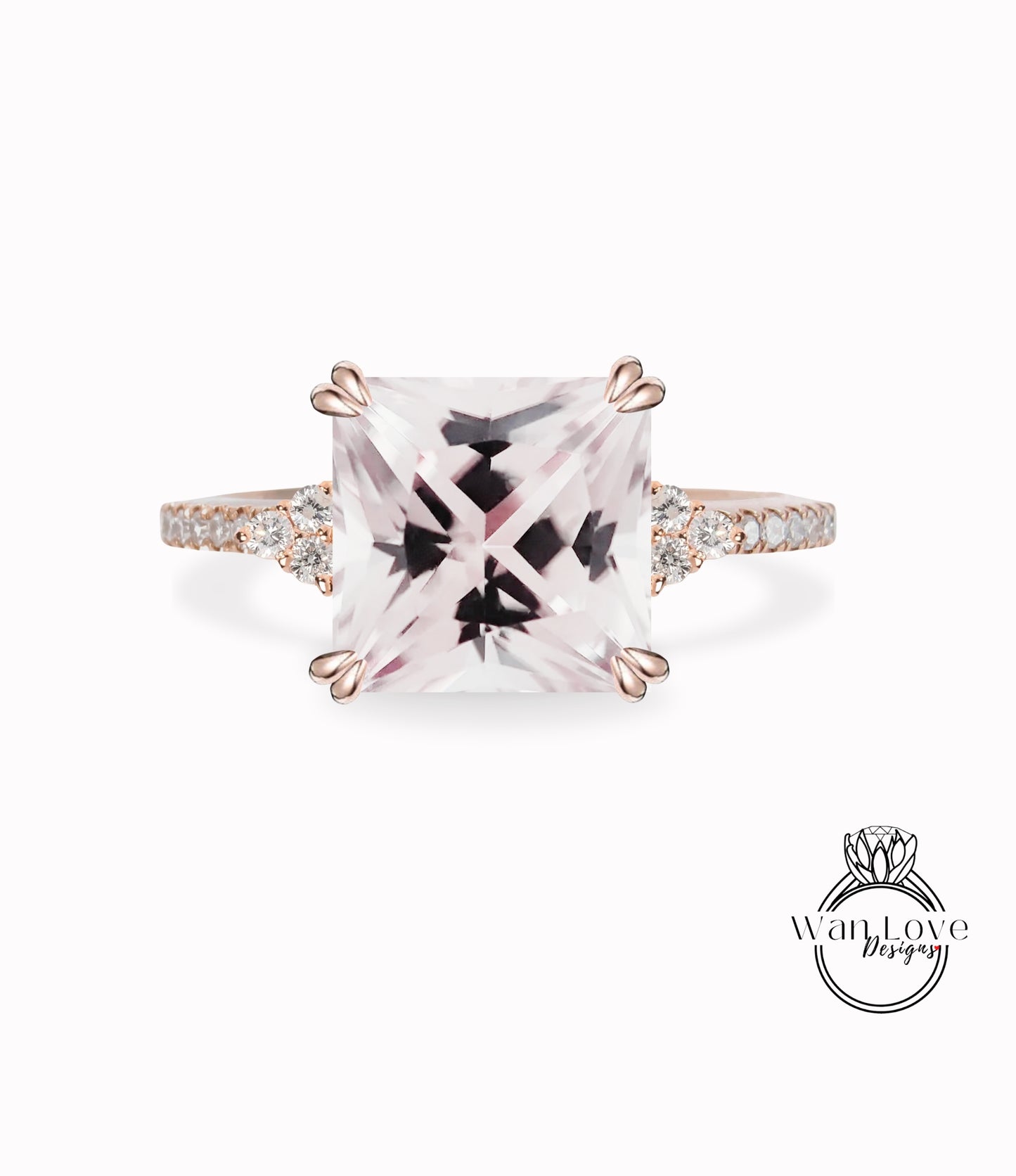 Princess Light Pink Sapphire & Diamond Trio Pave Engagement Ring, Custom, 14kt 18kt Gold,Platinum, Wedding, Anniversary, WanLoveDesigns