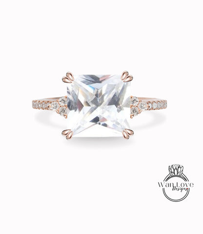 Anello di fidanzamento Asscher con zaffiro bianco e diamante, Trio Gem, personalizzato, oro 14kt 18kt, platino, matrimonio, anniversario, WanLoveDesigns