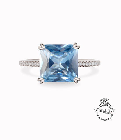 Aquamarine Blue Spinel Diamonds Princess Shank Engagement Ring Custom Wedding Square Aniversary Gift 14kt 18kt Gold, Platinum,WanLoveDesigns