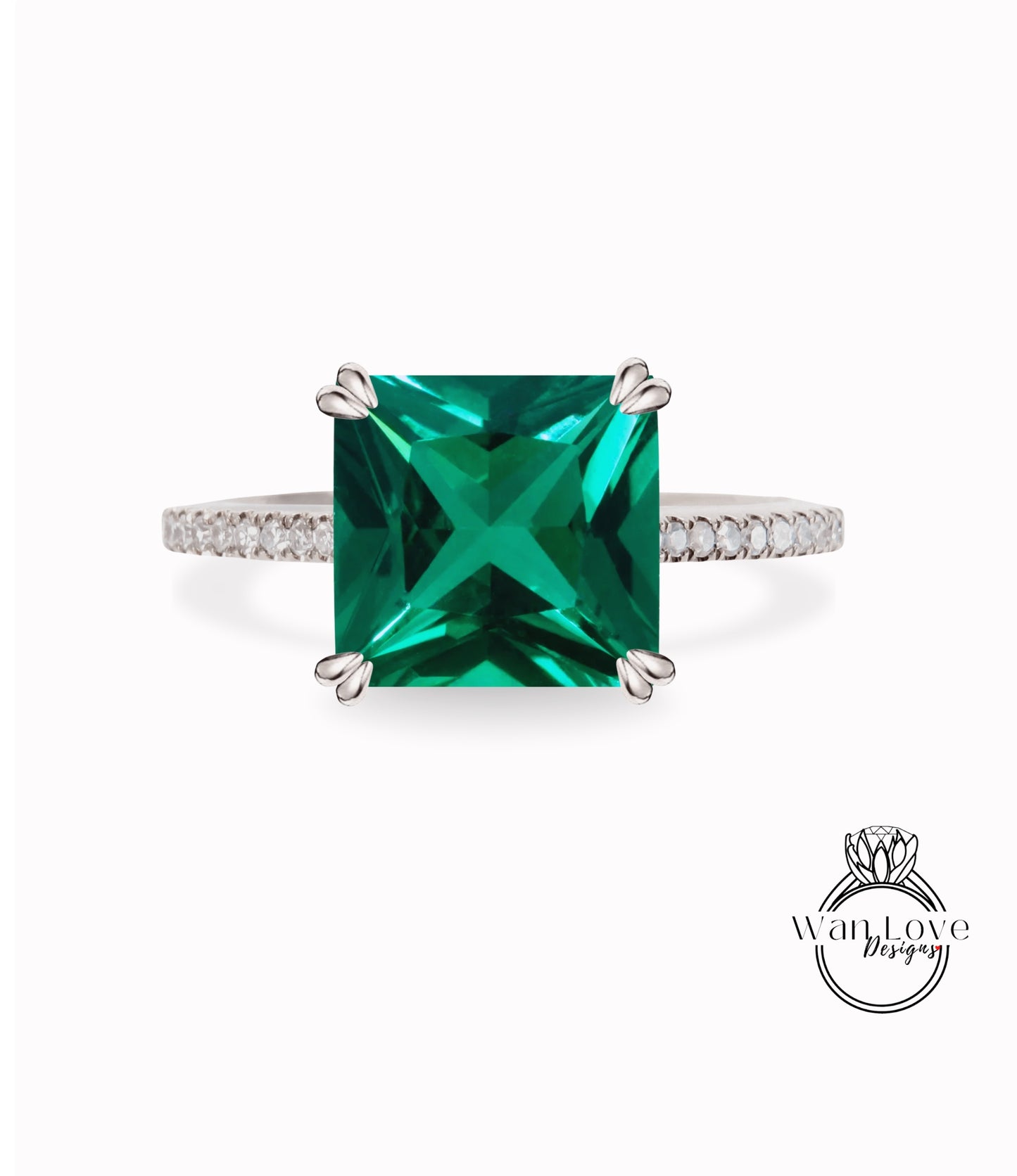 Emerald & Diamond Engagement Ring Princess Cathedral,14k 18k White Yellow Rose Gold-Platinum-Custom-Wedding-Anniversary-Green,WanLoveDesigns