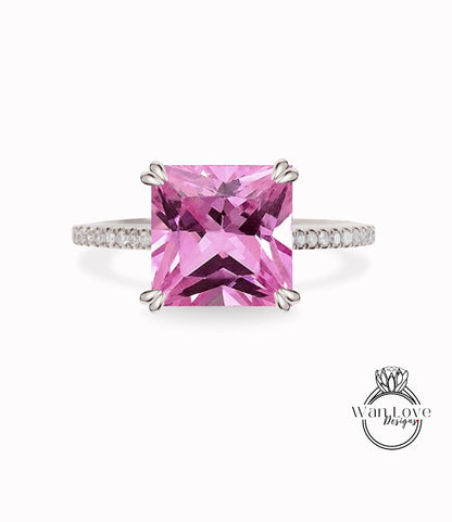 Anello di fidanzamento principessa con zaffiro rosa e diamanti, cesto della cattedrale in oro 14kt 18kt-platino-matrimonio personalizzato, WanLoveDesigns