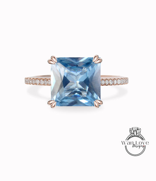 Anello di fidanzamento con gambo principessa con diamanti spinello blu acquamarina, regalo di anniversario quadrato di matrimonio personalizzato, oro 14kt, platino, WanLoveDesigns