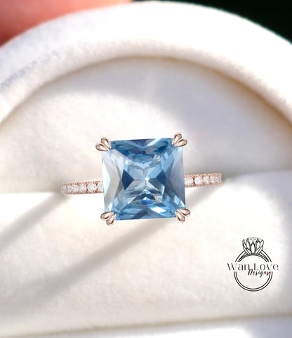 Aquamarine Blue Spinel Diamonds Princess Shank Engagement Ring Custom Wedding Square Aniversary Gift 14kt 18kt Gold, Platinum,WanLoveDesigns