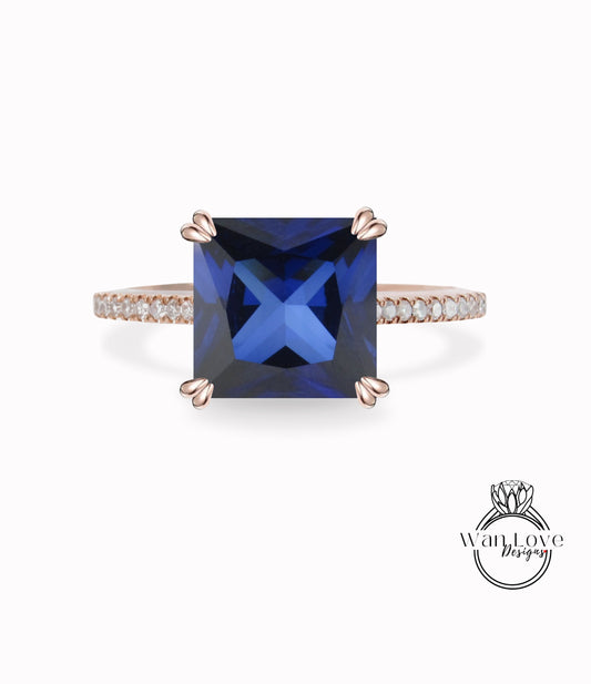 Blue Sapphire Engagement Ring Princess cut sapphire ring Vintage diamond half eternity ring rose gold Wedding bridal Unique Anniversary ring