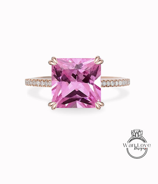 Pink Sapphire & Diamond Princess Engagement Ring, Cathedral Basket 14kt 18kt Gold-Platinum-Custom-Wedding, WanLoveDesigns