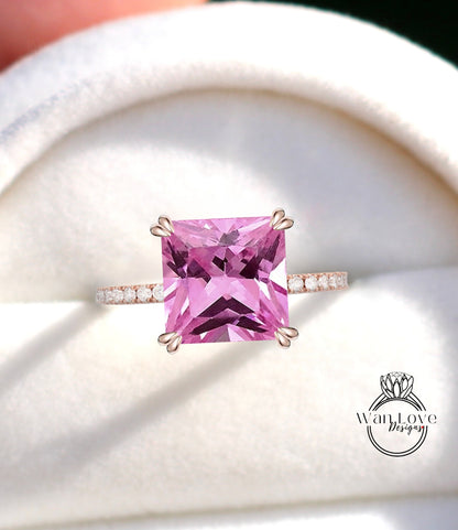 Pink Sapphire & Diamond Princess Engagement Ring, Cathedral Basket 14kt 18kt Gold-Platinum-Custom-Wedding, WanLoveDesigns