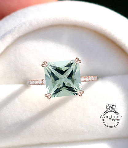 Prasiolite Green Amethyst Diamond Princess Engagement Ring, Basket Cathedral, 14k 18k White Yellow Rose Gold,Platinum,Custom, WanLoveDesigns
