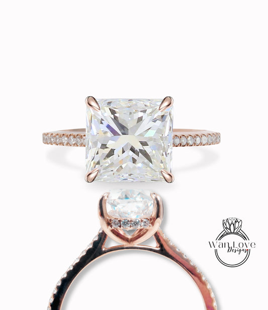 Princess Cut Diamond engagement ring hidden side halo ring rose gold prong ring Art deco Solitaire IGI Diamond wedding bridal Anniversary