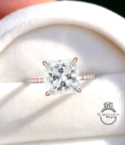 Moissanite & Diamond Rings/ Red Gemstone Ring/ Hidden Side Halo Princess cut Engagement Ring/ Anniversary Ring/ 14K Solid White Gold Ring