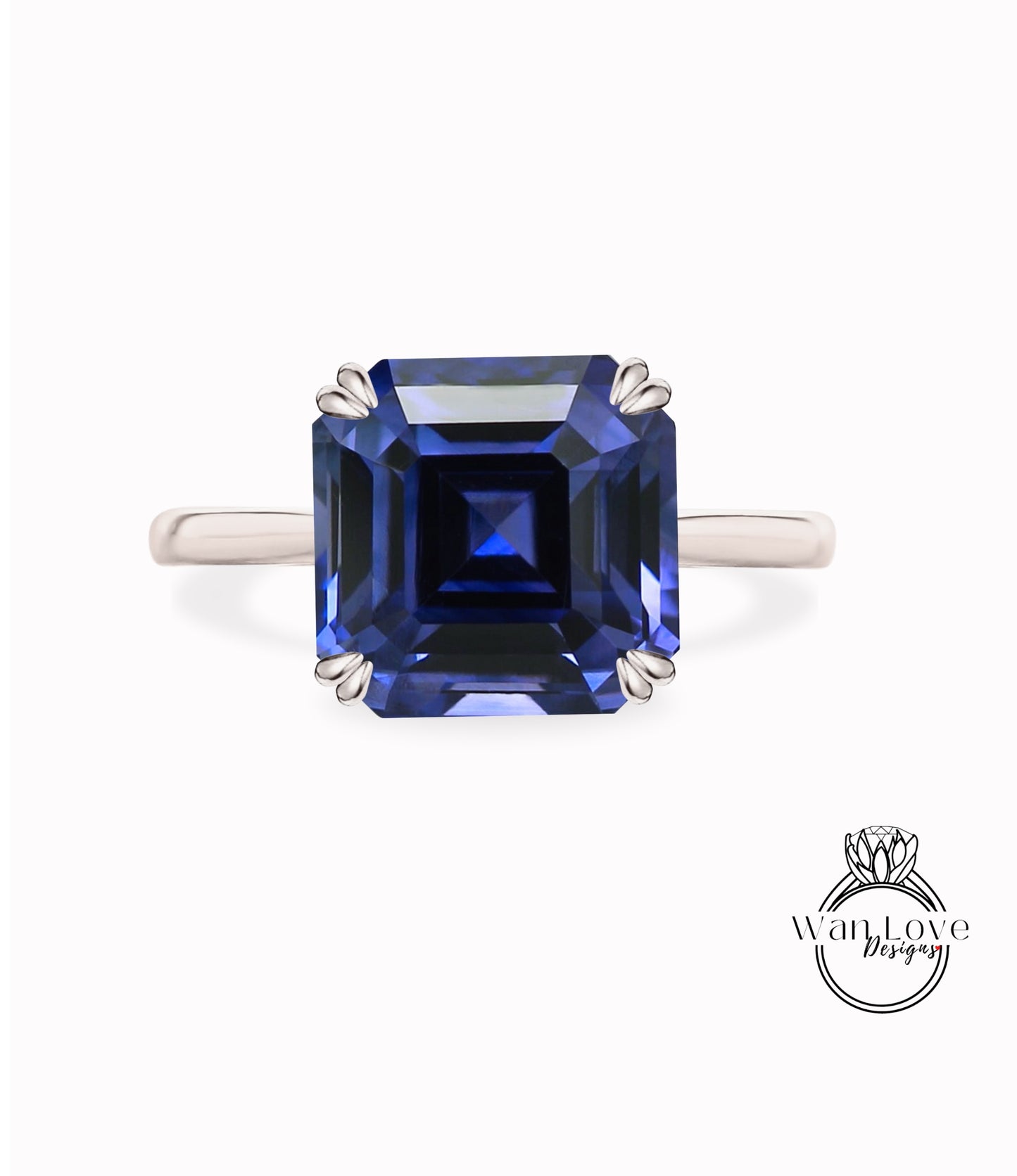 Asscher Blue Sapphire Double Prong Engagement Ring Solitaire 14k 18k White Yellow Rose Gold-Platinum-Custom-Wedding,WanLoveDesigns