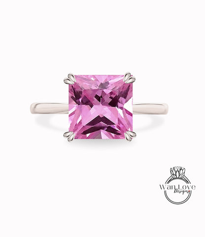 Anello di fidanzamento solitario con zaffiro rosa taglio principessa delicato in oro rosa, bianco o giallo 14k, anello di promessa con zaffiro quadrato di WanLoveDesigns