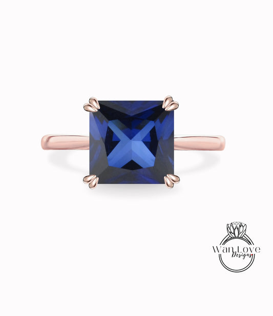 Blue Sapphire Solitaire Square Princess Engagement Ring, Custom, Wedding,Anniversary Gift,Commitment,Promise,Proposal,Asscher,WanLoveDesigns