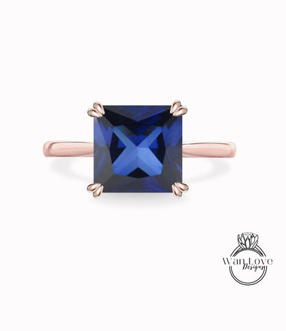 Anello di fidanzamento principessa quadrato solitario con zaffiro blu, personalizzato, matrimonio, regalo di anniversario, impegno, promessa, proposta, Asscher, WanLoveDesigns