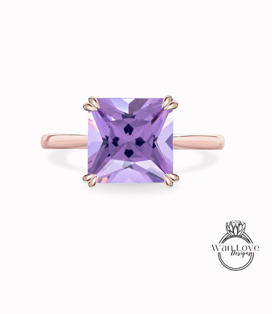 Anello di fidanzamento con ametista a 4 punte solitarie con cattedrale principessa solitario 14k 18k bianco giallo oro rosa-platino-personalizzato,WanLoveDesigns