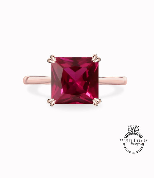 Ruby Solitaire Square Princess Engagement Ring 14k 18k White Yellow Rose Gold-Platinum-Custom-Wedding-4 Double prong,WanLoveDesigns
