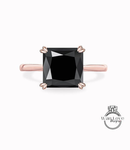 Black Spinel Solitaire Square Princess Engagement Ring 14k 18k White Yellow Rose Gold-Platinum-Custom-Wedding-4 Double prong,WanLoveDesigns