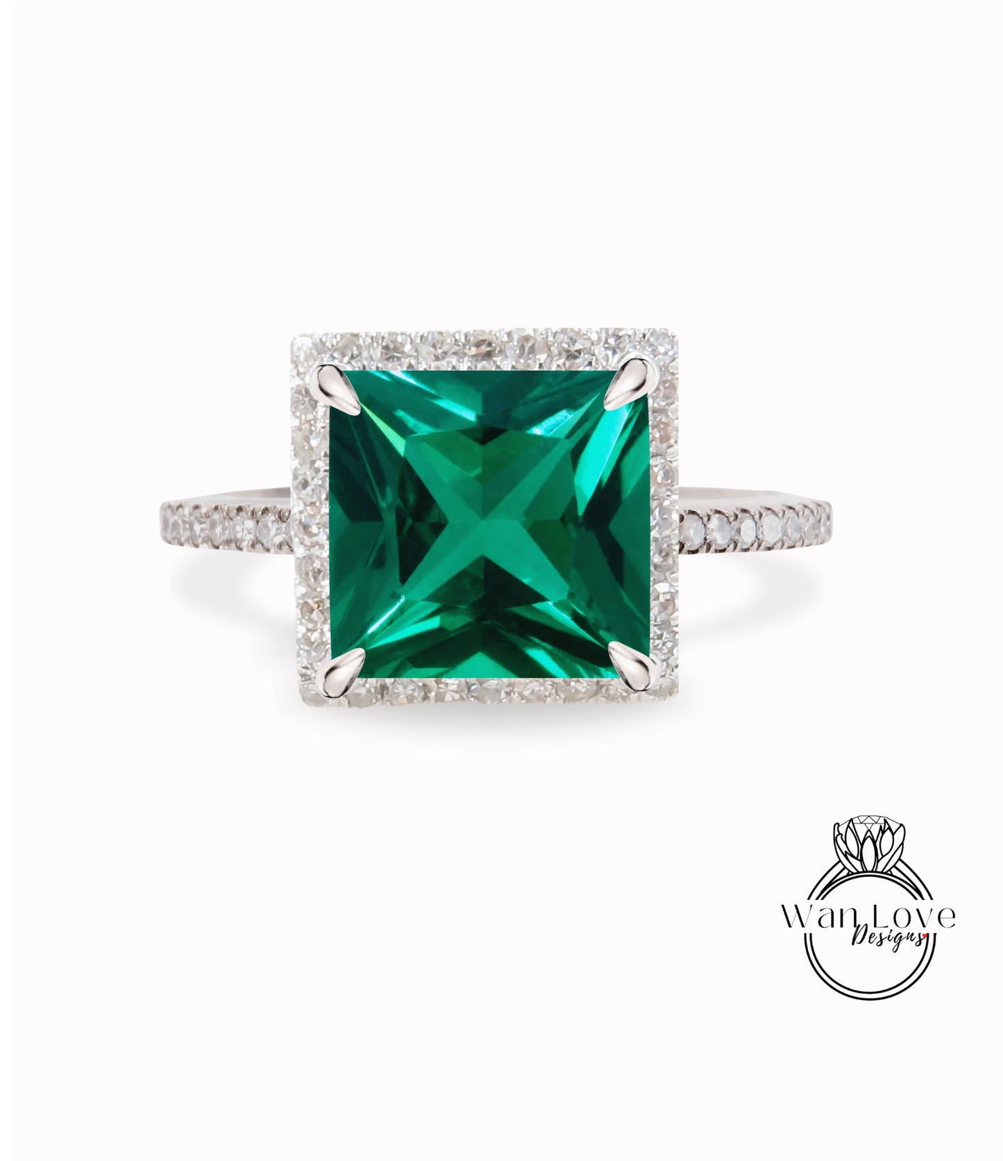 Emerald & Diamond Princess Halo Engagement Ring Square Cathedral, Custom-14kt 18kt Gold-Platinum-Wedding-Anniversary, WanLoveDesigns