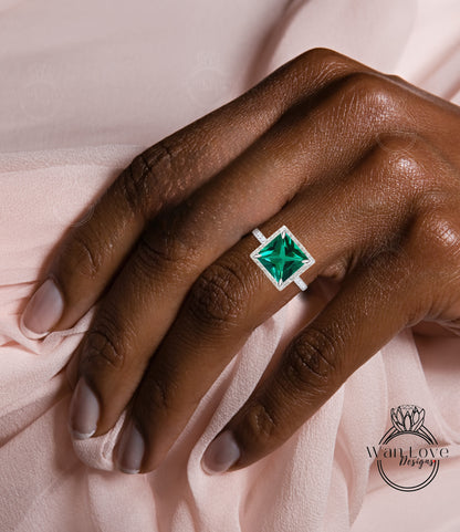 Emerald & Diamond Princess Halo Engagement Ring Square Cathedral, Custom-14kt 18kt Gold-Platinum-Wedding-Anniversary, WanLoveDesigns