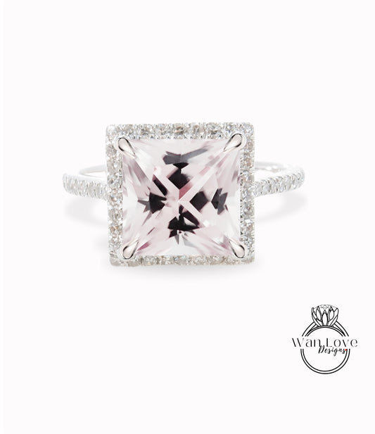 Light Pink Sapphire & Diamond Princess Halo Engagement Ring, Square Cathedral, Custom-14kt 18kt Gold-Platinum-Asscher, WanLoveDesigns