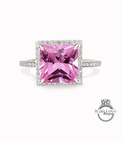 Pink Sapphire & Diamond Princess Halo Engagement Ring Square Cathedral Custom 14k White Yellow Rose Gold Platinum Wedding, WanLoveDesigns