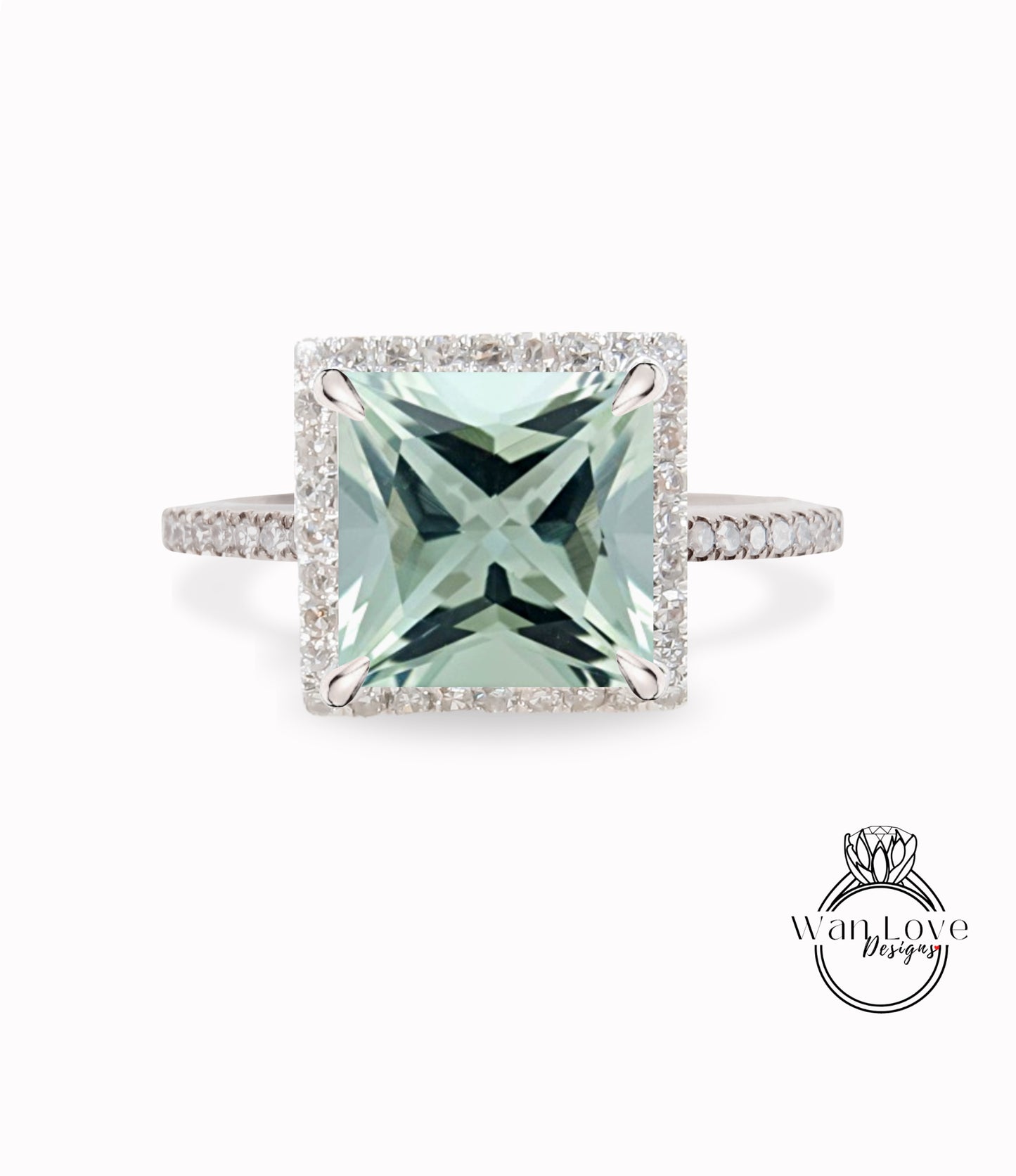 Prasiolite Verde Ametista e Diamante Principessa Halo Anello di fidanzamento Cattedrale quadrata Personalizzato 14k Bianco Giallo Oro rosa Platino Weding