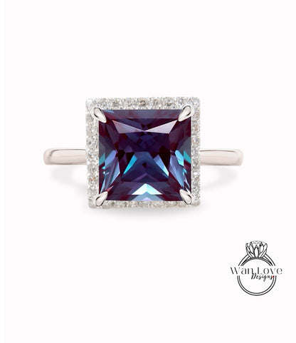 Alexandrite & Diamond Princess Halo Engagement Ring, Plain Shank, Custom, 14kt 18kt Gold, Platinum, Anniversary Gift, WanLoveDesigns