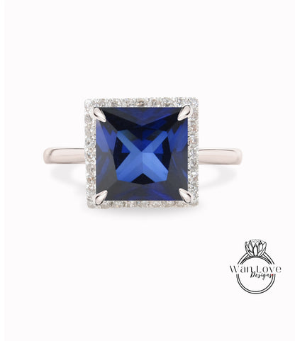 Blue Sapphire & Diamond Princess Halo Engagement Ring Plain Shank Cathedral 14k 18k Gold Platinum Wedding Square, WanLoveDesigns