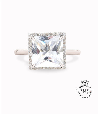 Anello di fidanzamento Princess Halo con diamante zaffiro bianco, gambo semplice, matrimonio quadrato, personalizzato, oro 14kt, oro 18kt, platino, WanLoveDesigns