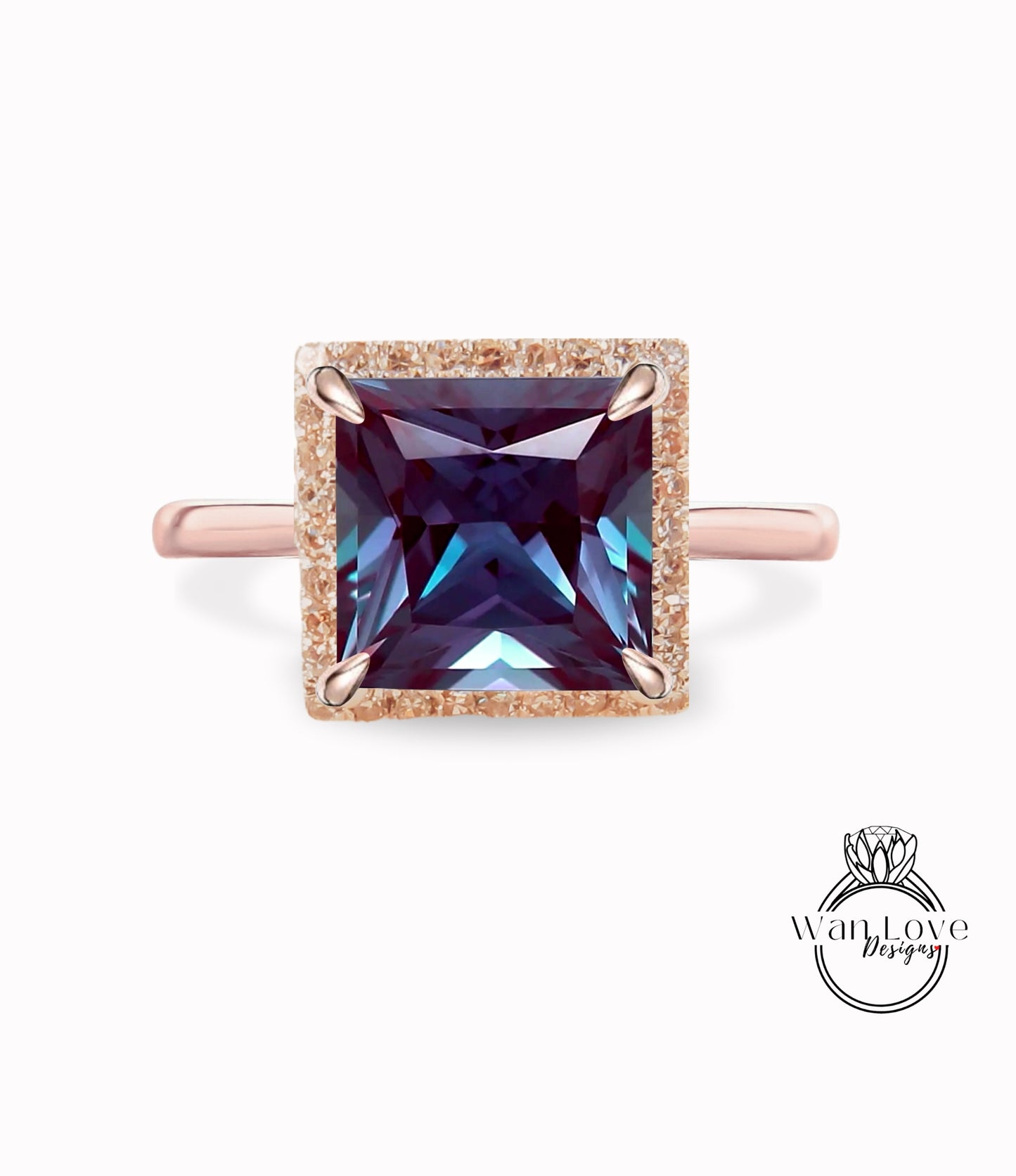 Anello di fidanzamento Halo con Alexandrite e Diamond Princess, gambo liscio, personalizzato, oro 14kt 18kt, platino, regalo di anniversario, WanLoveDesigns