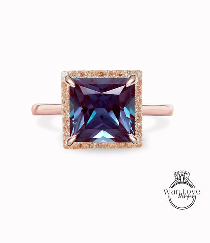 Anello di fidanzamento Halo con Alexandrite e Diamond Princess, gambo liscio, personalizzato, oro 14kt 18kt, platino, regalo di anniversario, WanLoveDesigns