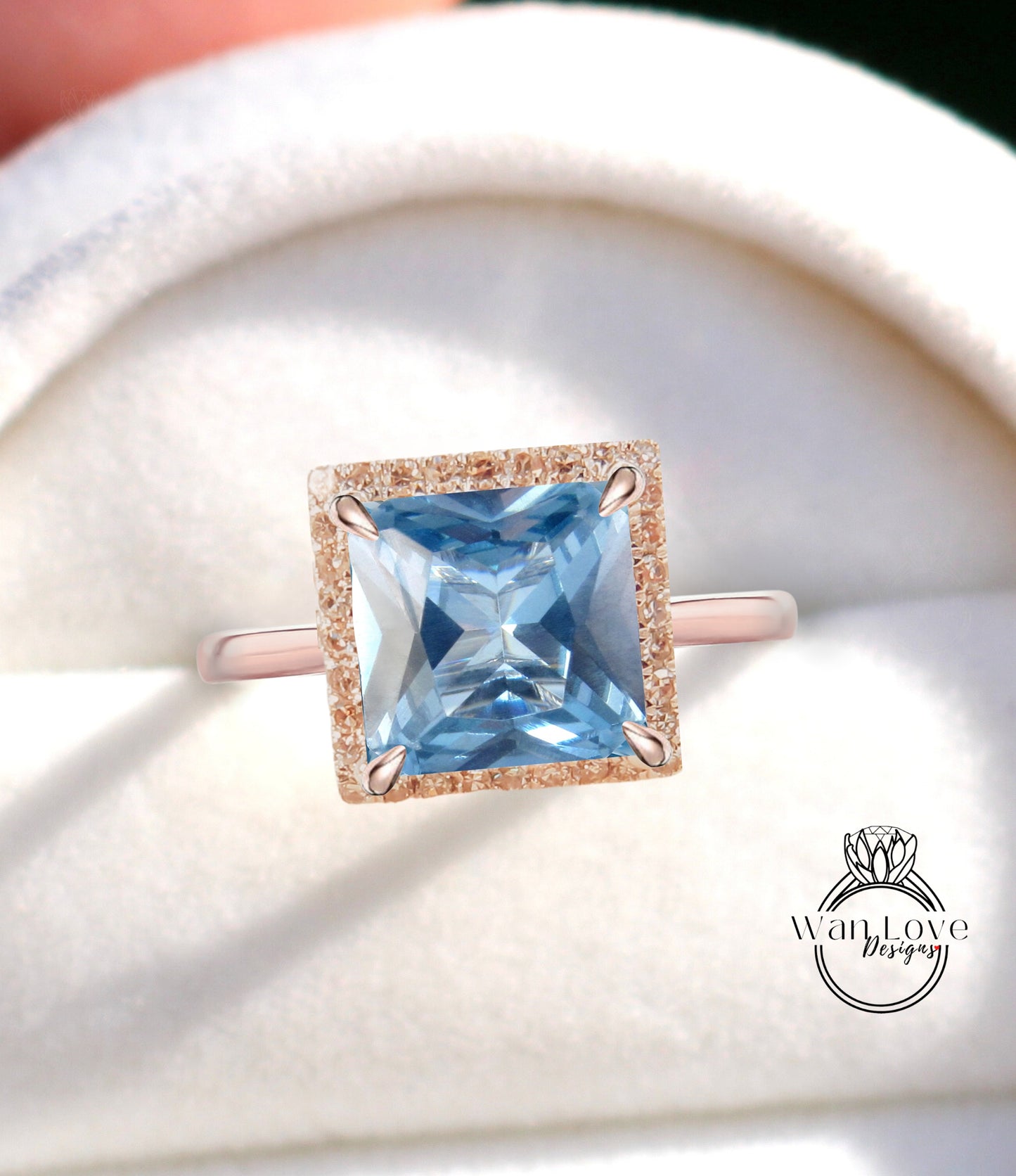 Aquamarine Blue Spinel & Diamond Princess Halo Engagement Ring Plain Shank Cathedral 14k 18k White Yellow Rose Gold Platinum, WanLoveDesigns