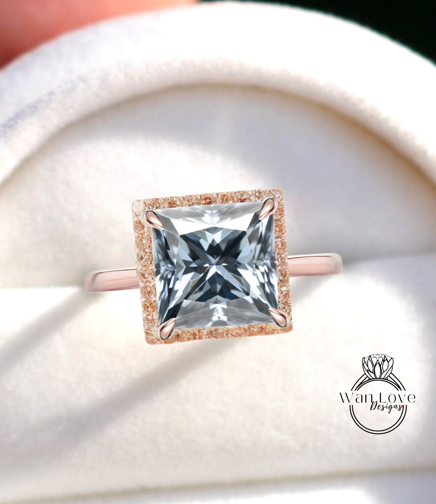 Princess Cut Grey Moissanite Engagement Ring white gold Antique diamond halo ring art deco bridal ring Moissanite wedding Anniversary