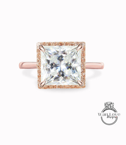 Anello di fidanzamento con diamanti Princess Halo Moissanite Anello nuziale quadrato art deco con gambo semplice, anello nuziale con promessa di diamante taglio principessa