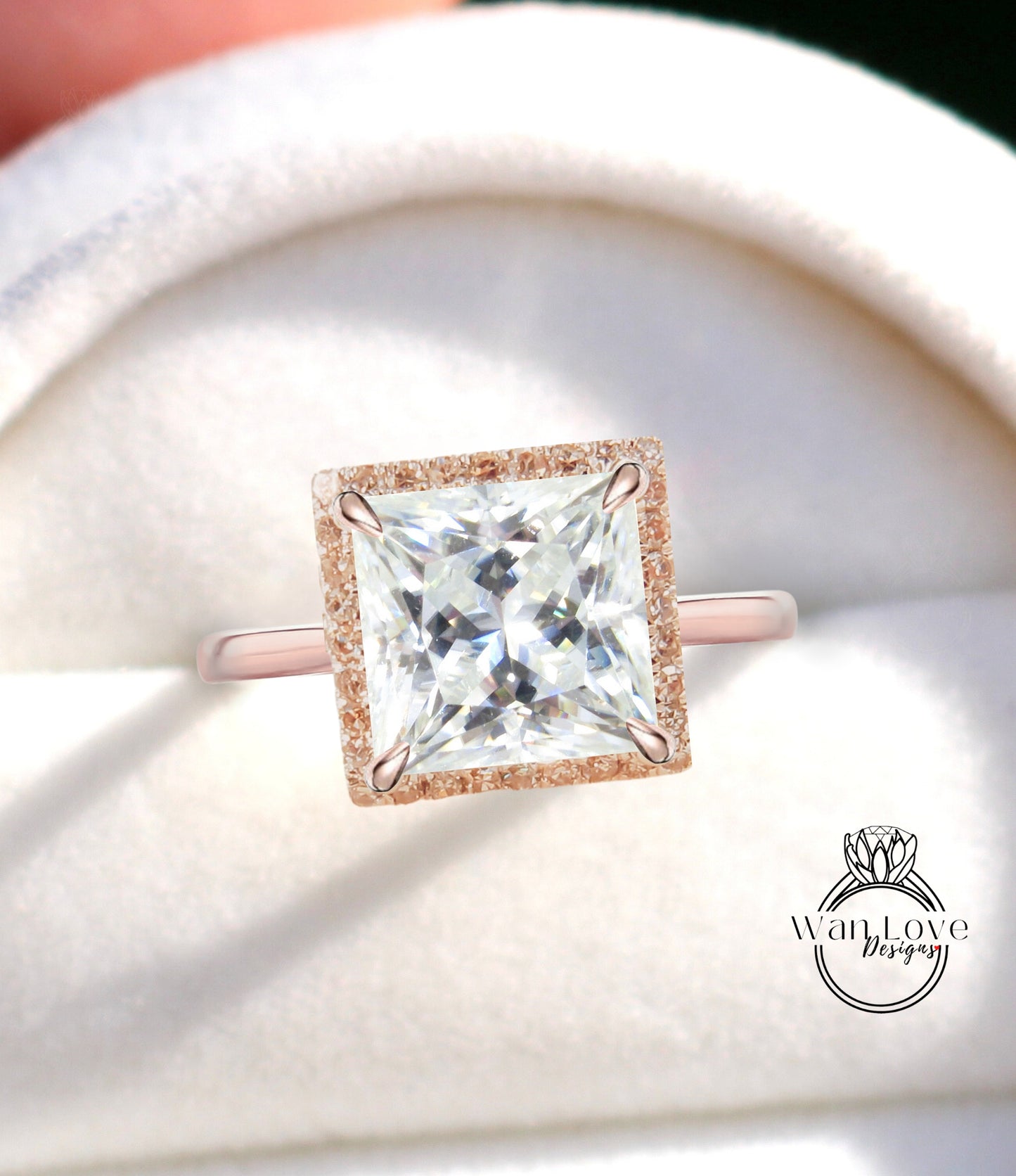 Anello di fidanzamento con diamanti Princess Halo Moissanite Anello nuziale quadrato art deco con gambo semplice, anello nuziale con promessa di diamante taglio principessa