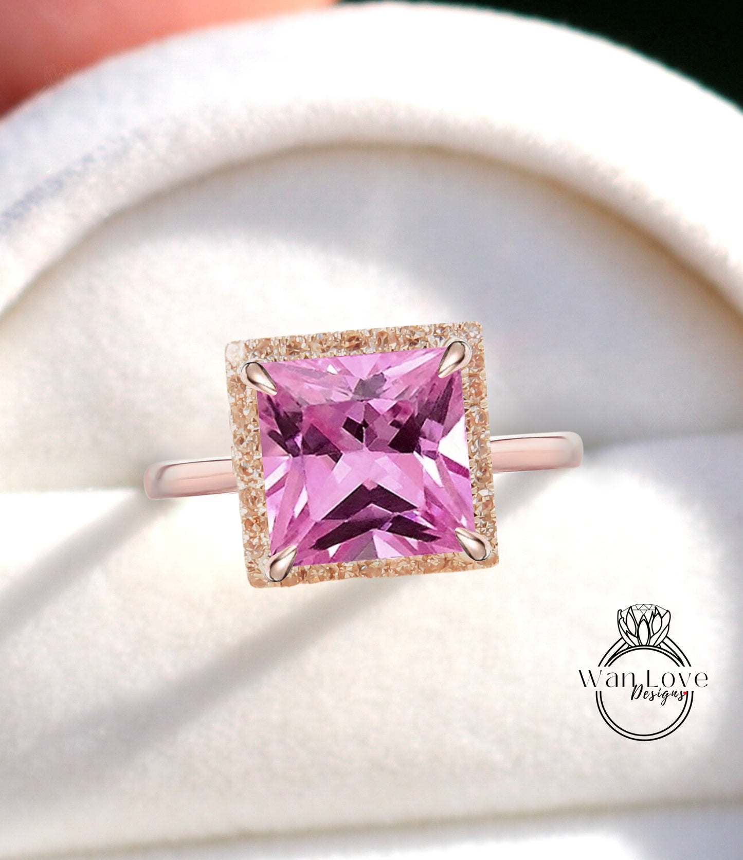 Princess Halo Pink Sapphire Engagement Ring Antique square Cut Rose Gold Ring Art Deco Diamond halo ring wedding bridal ring Promise Ring