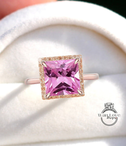 Princess Halo Pink Sapphire Engagement Ring Antique square Cut Rose Gold Ring Art Deco Diamond halo ring wedding bridal ring Promise Ring