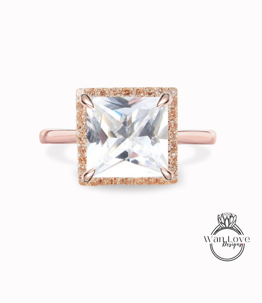White Sapphire Diamond Princess Halo Engagement Ring Plain Shank Square Wedding Custom 14kt 18kt Gold, Platinum, WanLoveDesigns